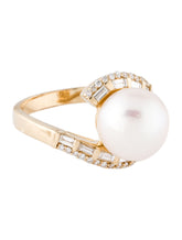 Effy 14K Yellow Gold 13mm Pearl & Diamond Cocktail Ring Size 8 0.76ctw